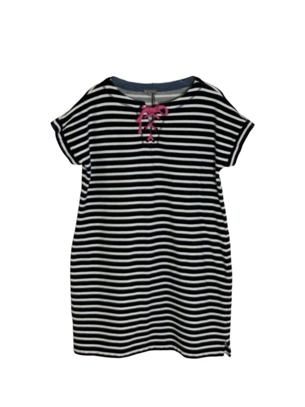 T by Talbots Terry Dress Saltwater Stripe Lace Up Navy White XL Cotton